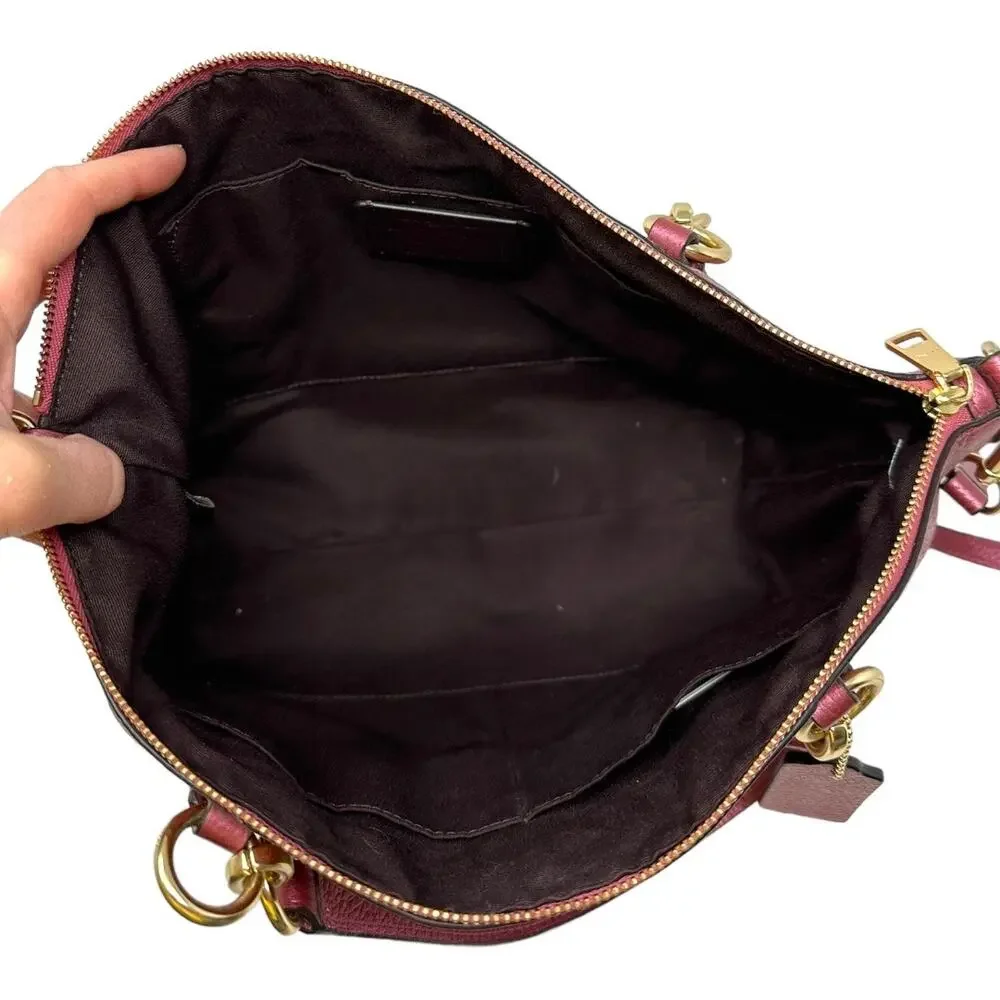 Coach Pebbled Leather Satchel Crossbody Bag Metallic Burgundy Gold Hardware